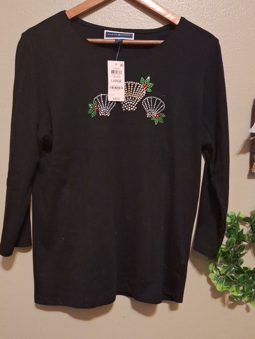 Karen Scott Black Long-Sleeve Tee with Rhinestone Shell Motif